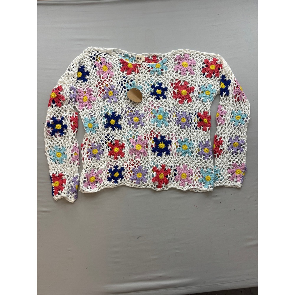 BiBi Floral Crochet Sweater Top Multi Color Open Knit Boho Long Sleeve Medium